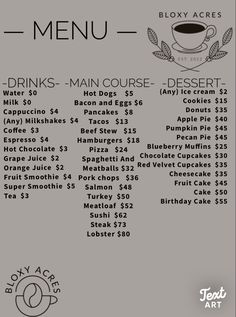 a menu for a coffee shop with drinks on it