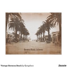 a sepia toned photo with palm trees in the foreground and people walking down the street