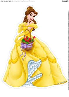 the princess from disney's beauty and the beast is holding a basket with flowers