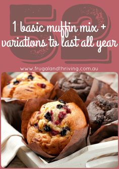 some muffins that are sitting on top of each other with the words, 1 basic muffin mix variations to last all year