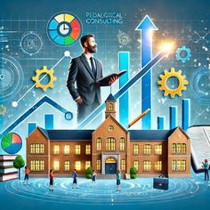 a man standing in front of a building surrounded by business icons and graphs on it