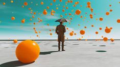 a man standing in the middle of an orange field with an umbrella over his head