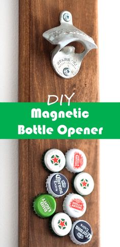 bottle openers are mounted to the side of a wooden board with magnets on it