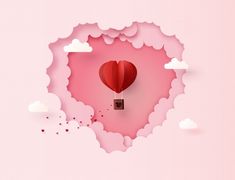 a heart shaped balloon flying through the air with clouds in the back ground and pink background