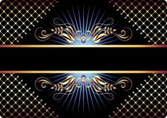 an ornate background with gold and blue accents on black, red, and yellow stripes