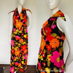 An original 1960s 1970s dress Bold  print Cotton fabric  Halterneck  Cut out back  Metal zipper  Size approximately uk size 10  Please go by measurements  Bust 18 inches flat underarm to underarm  Waist 15  flat  (Slight Aline)  Top of the shoulders to hem 56 inches  In great condition no holes tears stains  Thank you RetroRoomVintage x Retro Maxi Dress For Beach, Retro Cotton Maxi Dress, 1970s Cotton Dress With Retro Print, 1970s Retro Print Cotton Top, 1970s Fitted Multicolor Maxi Dress, Fitted 1970s Vintage Print Dress, 1970s Sleeveless Floral Print Dress, 1970s Dress, Tear Stains