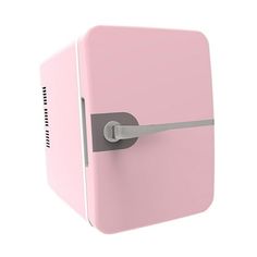 a pink refrigerator with the door open and handle on it's side, in front of a white background