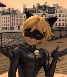 the animated catwoman is standing on a bridge with her hands up in front of her face