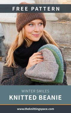 a woman wearing a knitted beanie with text overlay that reads, free pattern winter smiles knitted beanie