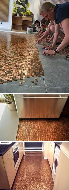 two pictures showing the same kitchen floor with different types of tiles on it and in between