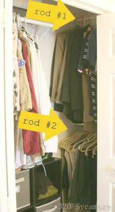 an open closet with clothes hanging on the wall and two yellow arrows pointing in opposite directions