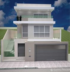 a three story house with two garages on the first floor and stairs leading up to the second floor