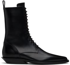 Mid-calf buffed leather boots in black. · Pointed toe · Lace-up closure · Pull-loop at heel collar · Zip closure at inner side · Grained leather lining · Stacked leather block heel with rubber injection · Treaded leather sole Supplier color: Black Pointed Lace Up Boots, Ann Demeulemeester Boots, Heeled Lace Up Boots, Lace Up Block Heel, Autumn 2024, Block Heel Boots, Leather Block Heels, Ann Demeulemeester, Mid Calf Boots