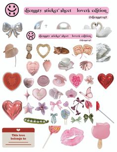 a bunch of different types of heart shaped items on a white background with pink and red accents