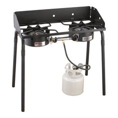 a gas stove with two burners and a propaner attached to the top