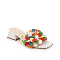 https://deeocleppo.com/products/japan-multi-color Girl Money, Sling Back Sandals, Colorful Confetti, Leather Block Heels, Low Block Heels