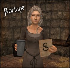 an animated woman holding a cup and paper with the word fortune written in black on it