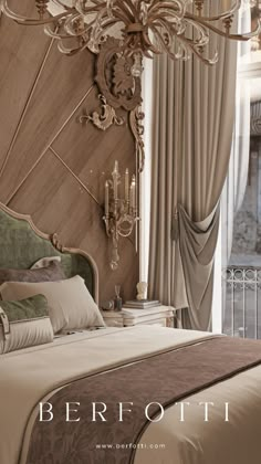 a bed sitting under a chandelier in a bedroom next to a large window