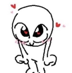 an alien with red eyes and hearts in the background