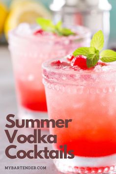 two glasses filled with red drinks and garnished with mint on the rim, text reads summer vodka cocktails