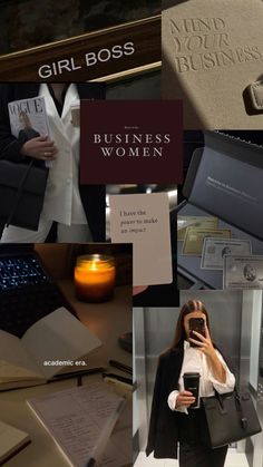 a woman holding a cell phone standing in front of a desk with books and papers on it