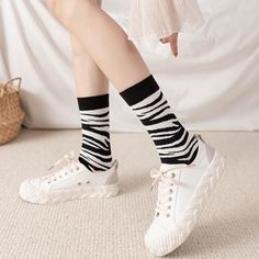 Black-White Cotton Socks – Ibentoy Pvc Storage, Kawaii Socks, Bunny Backpack, Leather Cosmetic Bag, Plush Bags, Kawaii Cat, Cotton Socks, Knee High Sock, White Sneakers