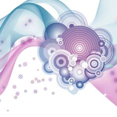 an abstract blue and pink background with swirls, circles and bubbles in the center