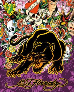 an image of a tiger surrounded by skulls and other tattoo art items on a purple background