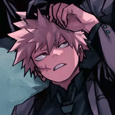 an anime character with pink hair wearing a black suit and tie, holding his hand on his head