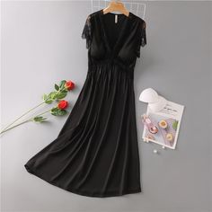 Gift for women Black V-neck Sleepwear For Spring, Black V-neck Sleepwear With Lace Trim, Black V-neck Nightgown For Wedding Night, Black V-neck Sleep Dress, Elegant Black Sleepwear For Home, Black Spring Sleepwear For Home, Black Summer Sleepwear For Night, Elegant Solid Color Sleepwear, Elegant Black Nightgown For Bedtime