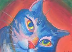 a painting of a blue cat with yellow eyes