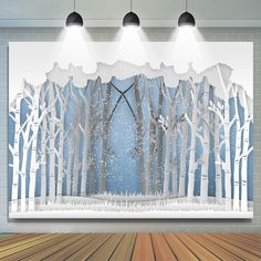 an empty room with three spotlights on the wall and trees in the background, as if it were cut out from paper