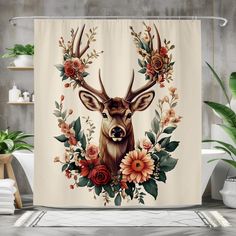 a shower curtain with an image of a deer surrounded by flowers and leaves on it