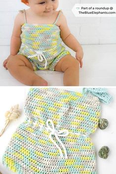 a baby wearing a crochet swimsuit and sitting on the floor next to it