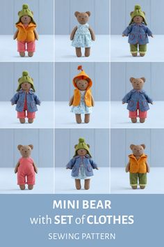 It's so much fun to dress your little bear! This 7-piece play set includes a Mini Bear softie and a set of clothes to create many outfit combinations. The softie is the perfect size for a dollhouse, fits easily in a pocket, and can be taken for a walk or for a trip. The sewing pattern is easy to follow and beginner friendly, with lots of sewing tips and tricks. Buy it now and learn how to sew your own dress up stuffed animal. Baby Mobil, Teddy Bear Clothes, Animal Sewing Patterns, Sewing Stuffed Animals, Doll Sewing Patterns, Dress Up Dolls