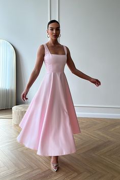 Chic and elegant midi length dress with wide straps in (black). The neckline decorated with rhinestones makes the dress really special. Will fit nicely to every body shape. Invisible Zip Fastener. Pastel Formal Dresses, Classy Pink Dress, Pastel Midi Dress, Mac Duggal Prom Dresses, Valentines Dress, Bridesmaids Gowns, Silk Prom Dress, Pastel Dress, Chic And Elegant