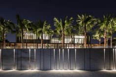 palm trees are lit up in front of a building at night with lights on the walls