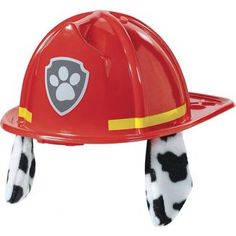 a toy fireman's helmet with paw prints on the front and side of it