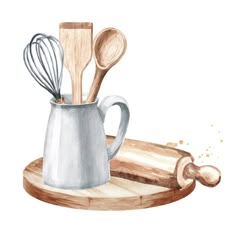 a watercolor painting of utensils and wooden spoons on a cutting board