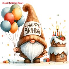 happy birthday gnome with balloons and gifts