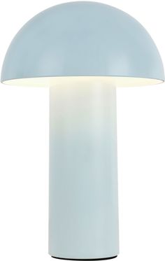 a white table lamp with a black base and a light blue shade on the top