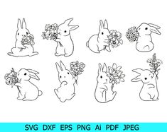 rabbits with flowers in their hands and the words svg dxf epss png