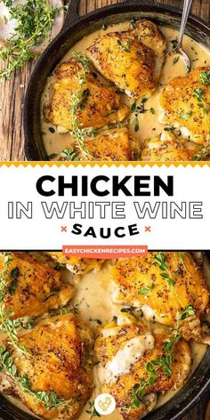 chicken in white wine sauce with herbs and garnishes on the side, text overlay reads chicken in white wine sauce