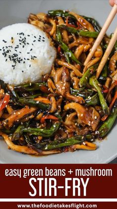 stir fry with green beans and mushrooms on a white plate