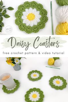 crochet daisy coasters with text overlay that says daisy coasters free crochet pattern and video tutor