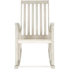 a white rocking chair with wooden slats on the back and arms, against a white background