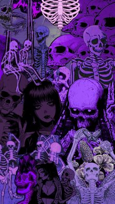 an image of a bunch of skulls and skeletons in the background with purple hues