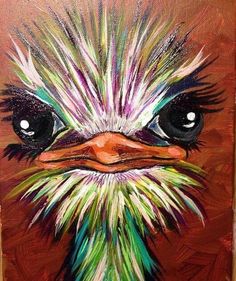 an acrylic painting of an ostrich's head with multicolored feathers