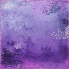 an abstract painting with flowers and words on the bottom half of it, in shades of purple