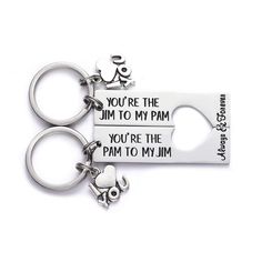 PRICES MAY VARY. Couples Keychains for Him and Her - One will say you're the jim to my pam and the other will say you're the pam to my jim. A great gift for your girlfriend/boyfriend/husband/wife. It's going to put a smile on the recipient's face for sure.This cute keychain set inspired by the love story of Jim and Pam from "The Office" and featuring "You're the Jim to my Pam/You're the Pam to my Jim" is a great gift for a couple. Get one for yourself and your boyfriend, girlfriend, wife, or hus Pam From The Office, Pam And Jim, Jim And Pam, Jim Pam, The Office Tv Show, Office Tv Show, Office Tv, Girlfriend Anniversary, Couples Keychains